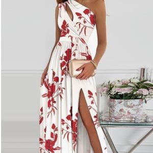Red and White Floral Asymmetrical Keyhole Maxi Dress size L